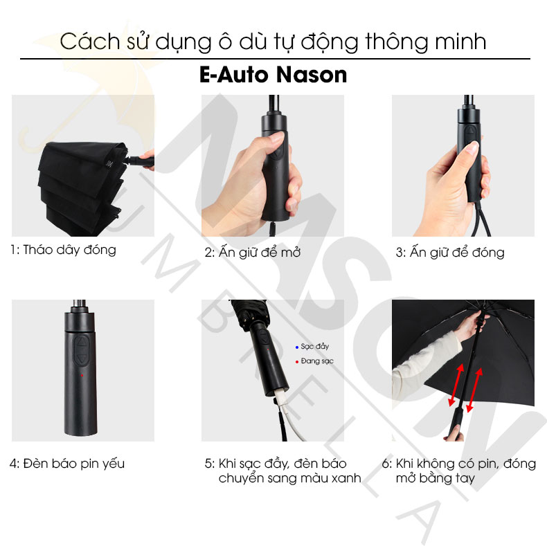 Ô dù điện thông minh Electric Auto Umbrella Nason đóng mở tự động, chống gió cấp 6, che nắng che mưa chống Uv