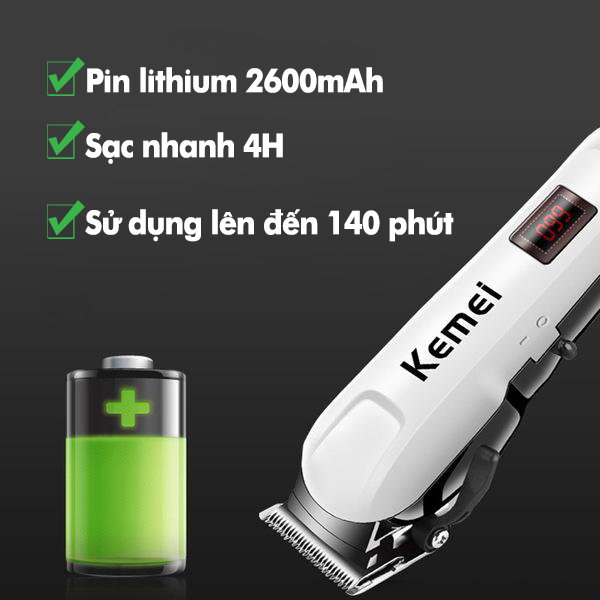 Tông đơ cắt tóc không dây Kemei KM-809A có màn hình LCD tiện dụng, có thể cắm điện trực tiếp