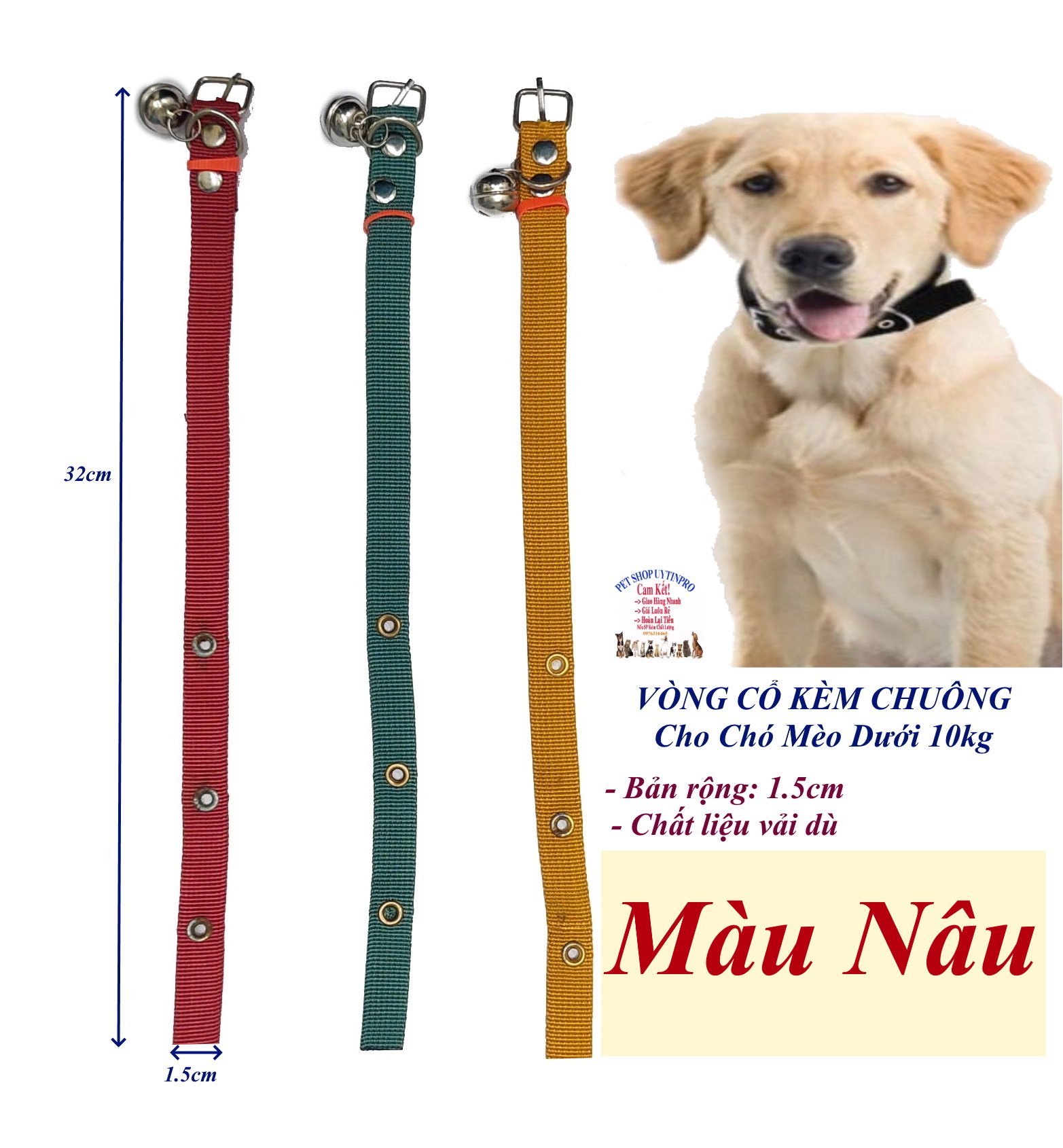 Vòng cổ kèm chuông cho Chó Mèo dưới 10kg Bản rộng 1.5cm Chất liệu vải dù Có gài điều chỉnh Giúp thú cưng dễ chịu khi đeo