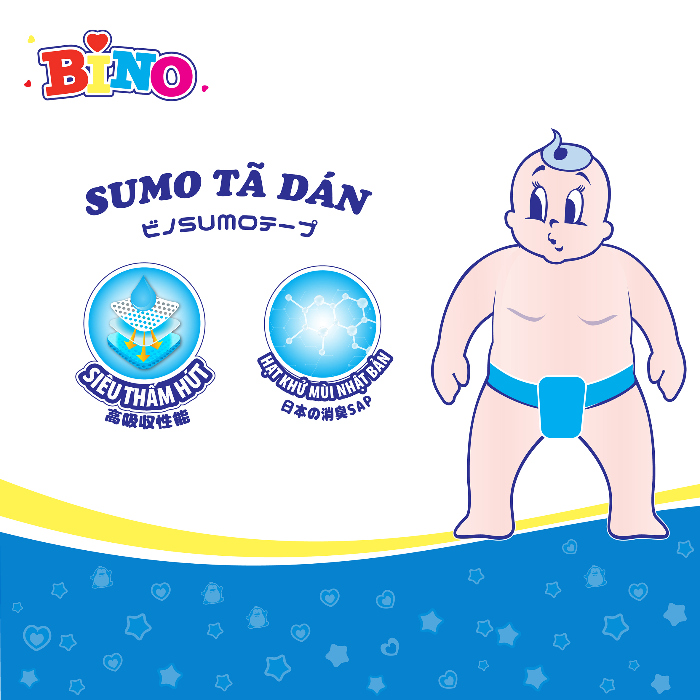 Tã dán Bino Sumo size XXXL12 công nghệ Nhật Bản lõi siêu thấm hút