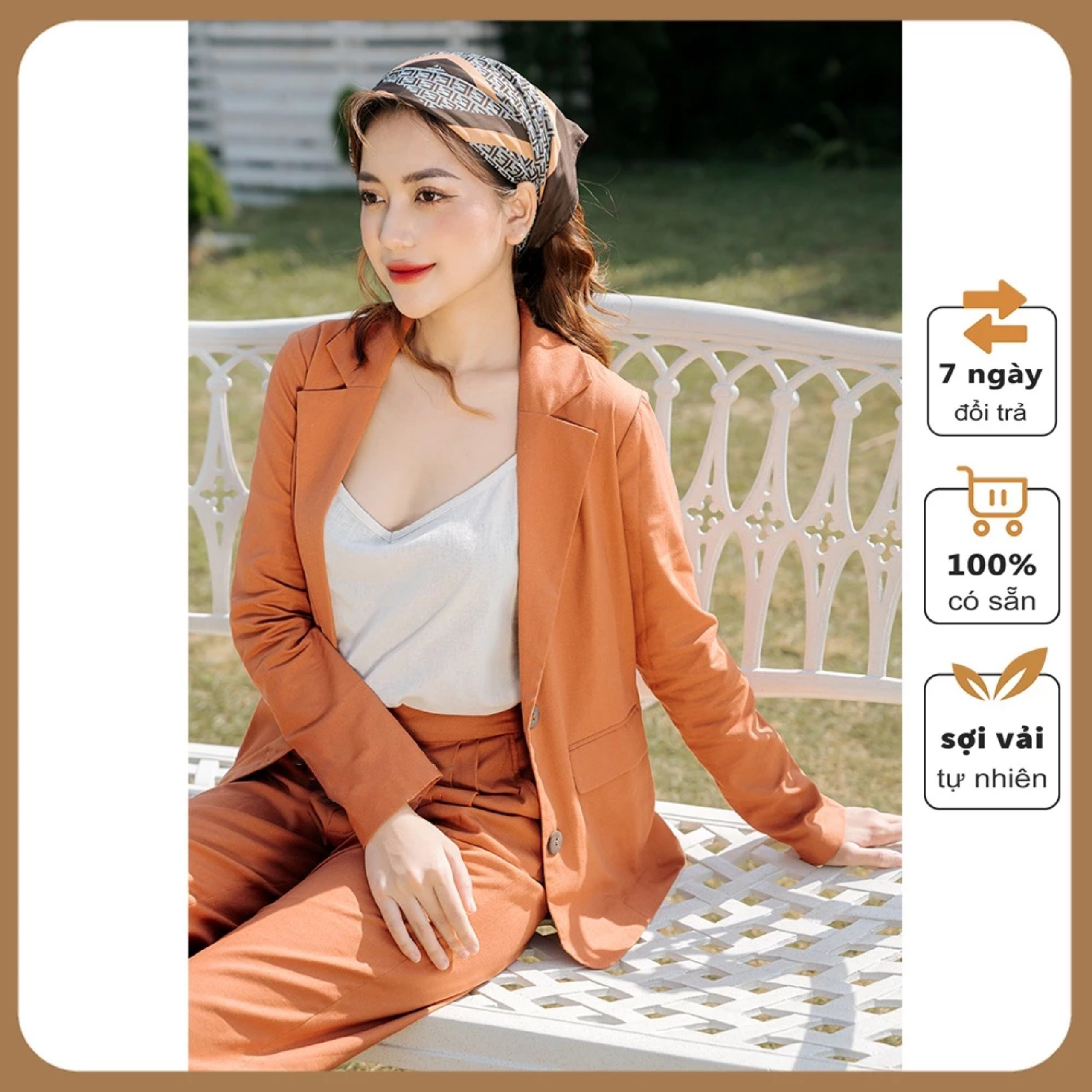 Bộ vest blazer nữ dáng suông nhẹ vintage chất vải linen mịn thoáng màu cam trẻ trung Đũi Việt