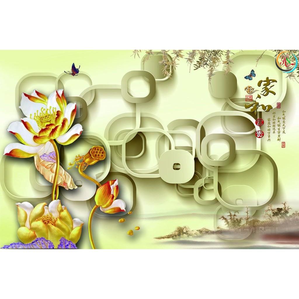 Tranh dán tường HOA 3D - vải lụa phủ kim sa