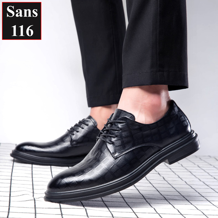 Giầy tây nam tăng chiều cao 6cm Sans116 giày derby công sở đen độn đế buộc dây cao cấp chú rể đám cưới mặc vest