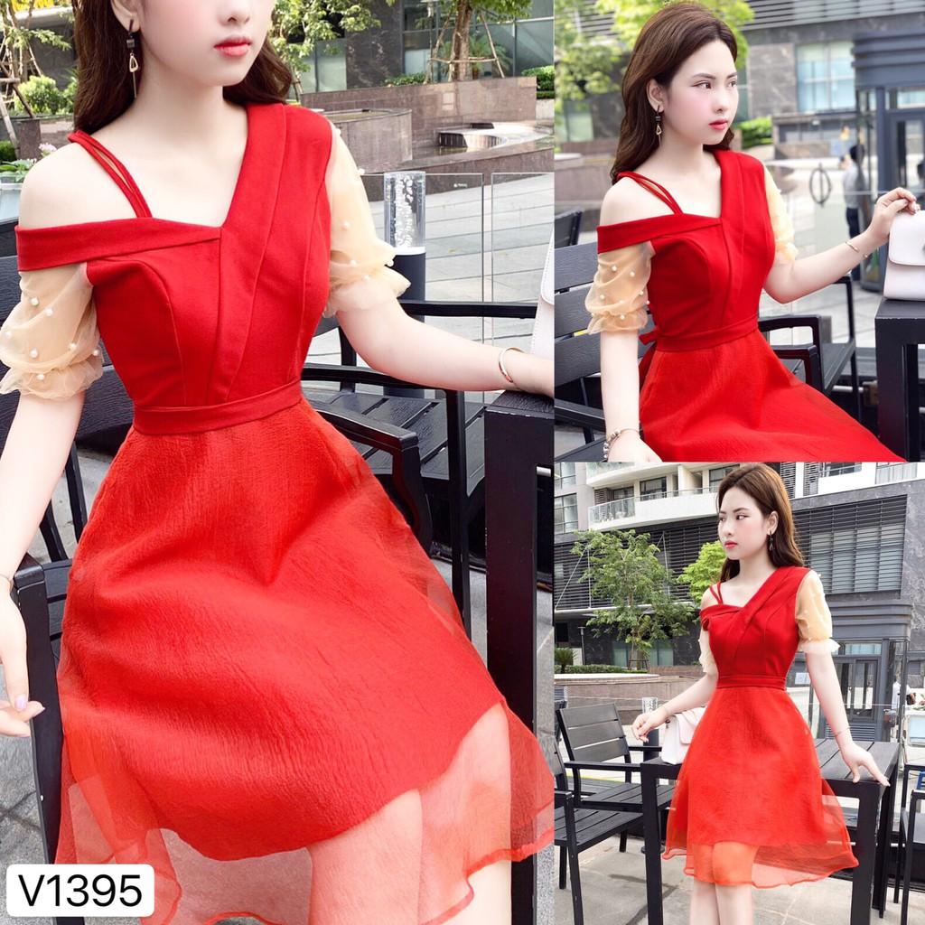 Váy đỏ tay voan lệch vai V1395- ĐẸP SHOP DVC