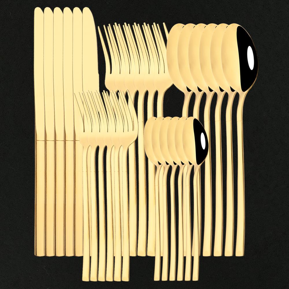 6/30 Chiếc Tây Chén Ăn Vàng Bộ Dao Kéo Inox Phẳng Bằng Bộ Dao Muỗng Nĩa Muỗng Trà Bộ Nhà Bếp Bộ Đồ Ăn Kiềng Bạc bộ