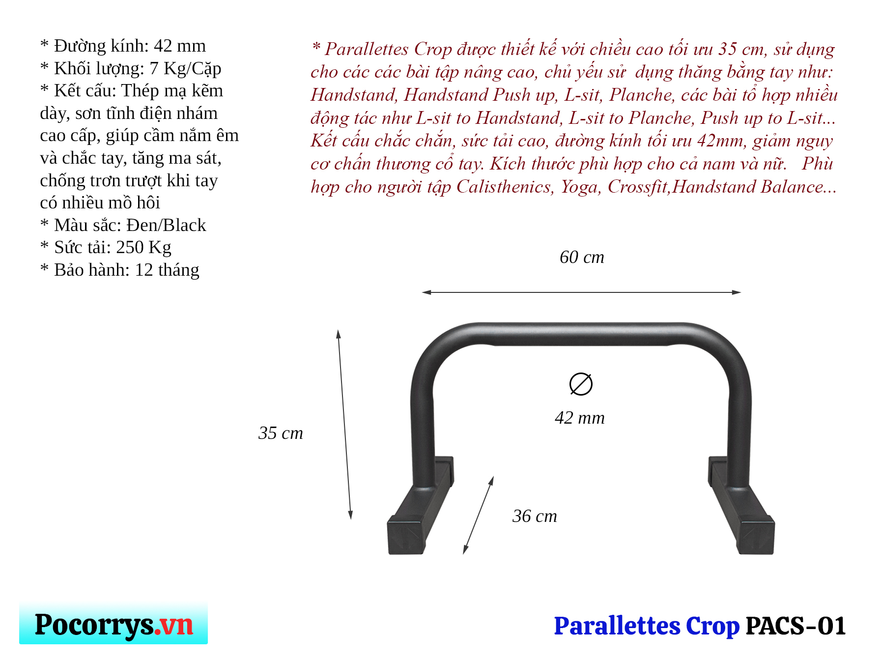 Xà kép Parallettes Crop cao 35cm, Pocorrys PACS-01, Màu đen