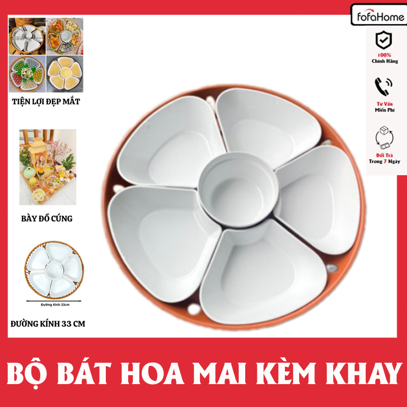 Bộ Bát Đĩa Hoa Mai 5 Cánh Kèm Khay Nhựa Trắng Bóng Gồm 5 Đĩa Và 1 Bát