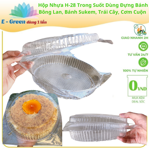 Lốc 10-50-100 Hộp Nhựa Tròn H-28 Đựng Bánh Bông Lan, Bánh Kem, Trái Cây Kích Thướt 21cm x 21cm x 5.5cm