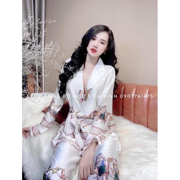 Đồ bộ ngủ tay dài pijama mặc nhà kiểu dáng thắt nơ kimono trơn đơn giản dưới 60kg