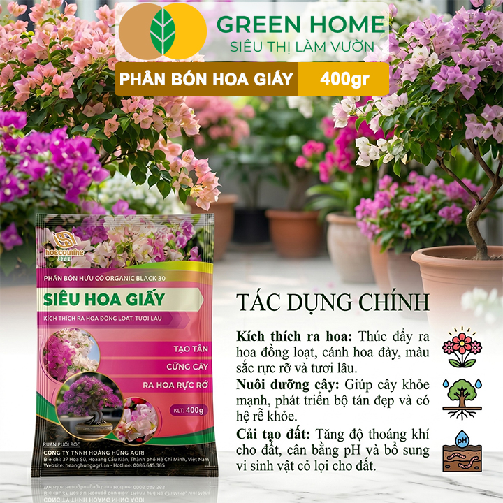 Phân Bón Hoa Giấy GreenHome, Bao 400gr, Hữu Cơ, Ra Bông Nhiều, Lâu Tàn, Giúp Thân Cứng Cáp, Tạo Tán