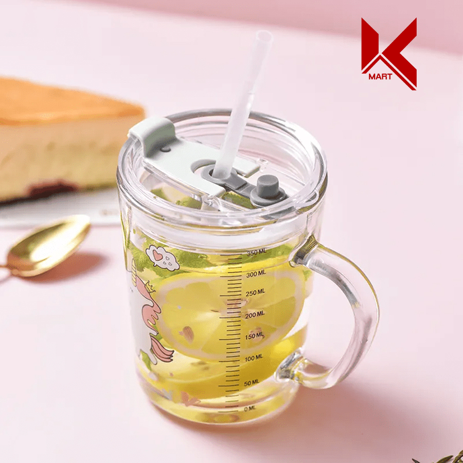 Cốc thủy tinh chia vạch dung tích 400ml pha sữa cho bé có nắp chống tràn và ống hút tiện lợi - Kmart
