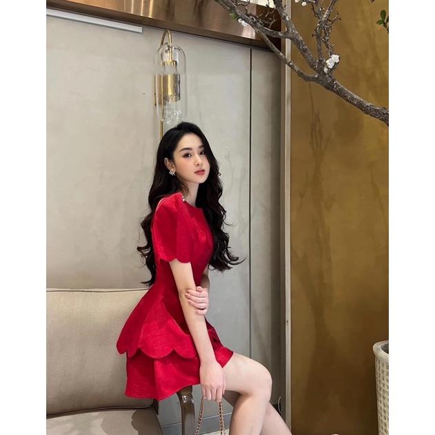 Sét đầm Đỏ Tay Bồng xẻ vai màu đỏ tôn da tôn dáng