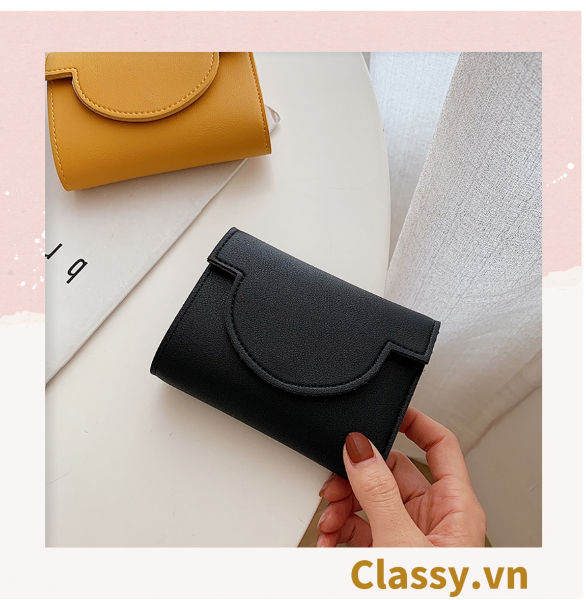 Ví nữ ngắn dạng gập màu trơn, nhiều ngăn đựng thẻ, có nút bấm T1308
