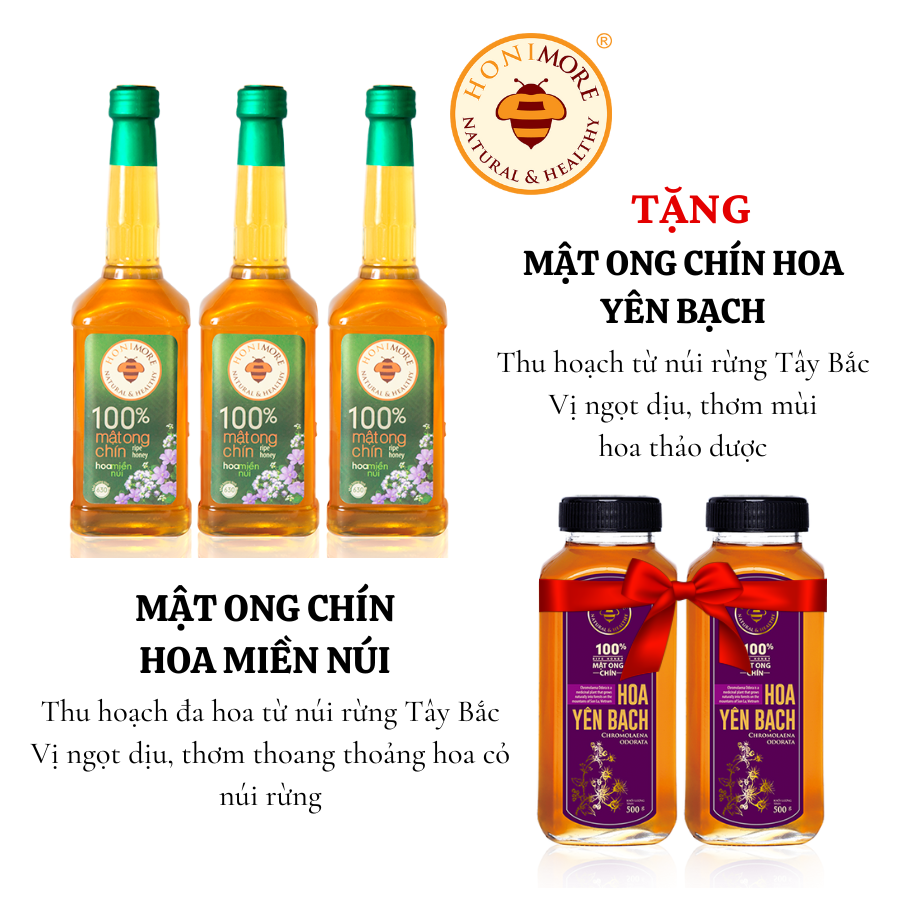 Combo 3 chai mật ong chín Honimore Hoa Miền Núi 630g - TẶNG 2 chai mật ong nguyên chất Hoa Yên Bạch 500g