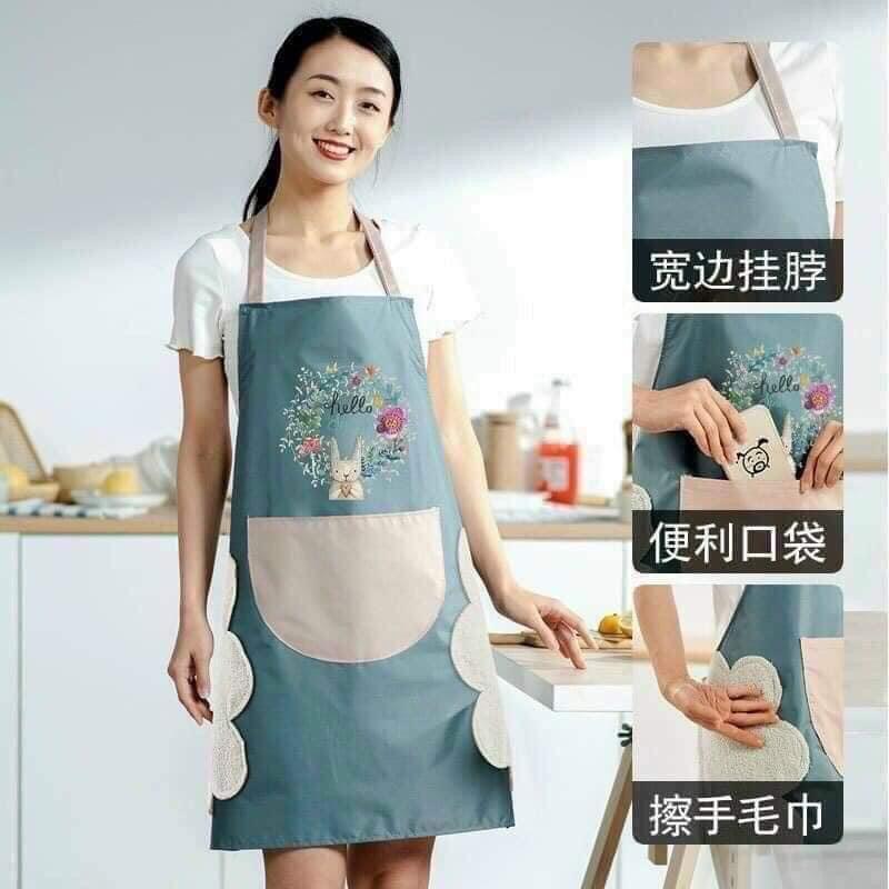 Tạp dề nấu ăn hoạ tiết hoa thỏ chống nước có túi