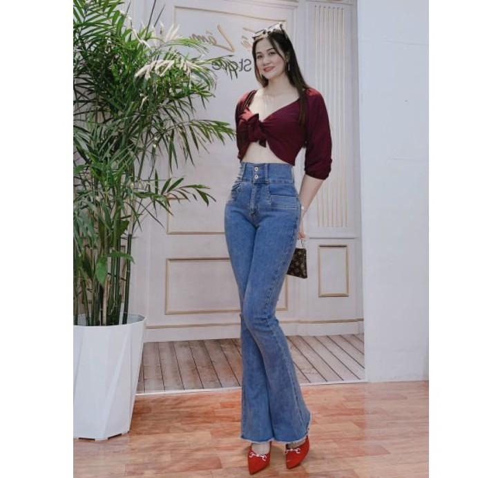 Quần jean nữ ống loe 2 túi trước chít thân co giãn