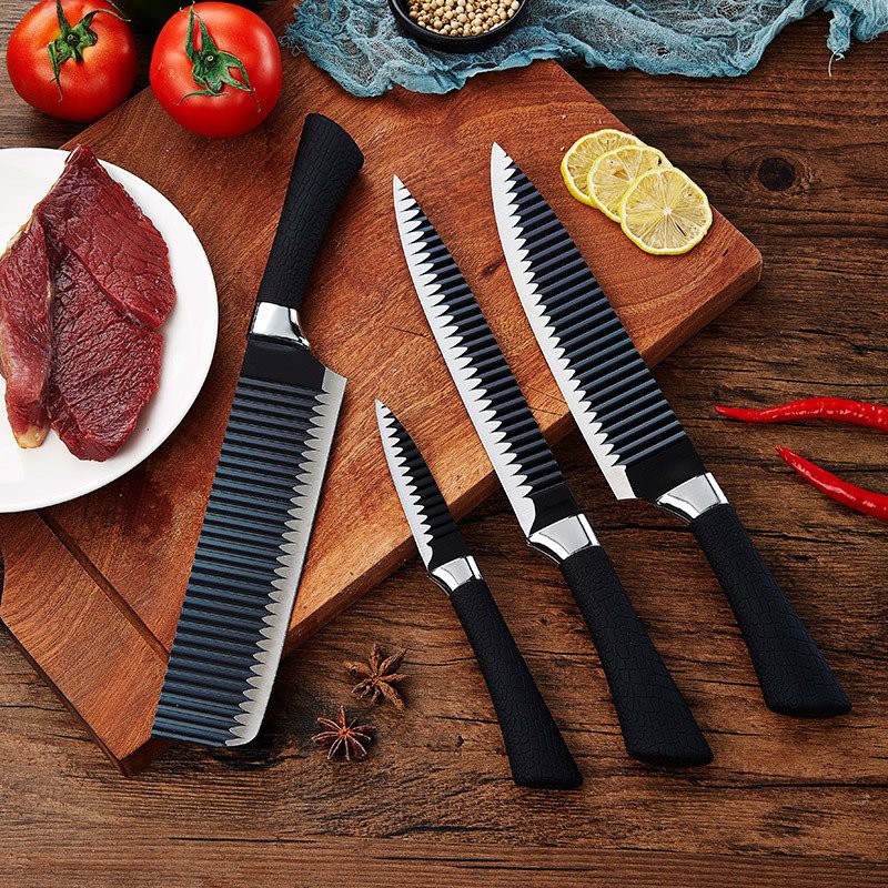 Bộ dao nhà bếp Nhật 8 MÓN, 04 dao nhiều kích thước khác nhau, 01 kéo, 01 dụng cụ nạo, có tặng kèm 02 khăn lau bếp đa năng, chất liệu thép gợn sóng cao cấp không gỉ