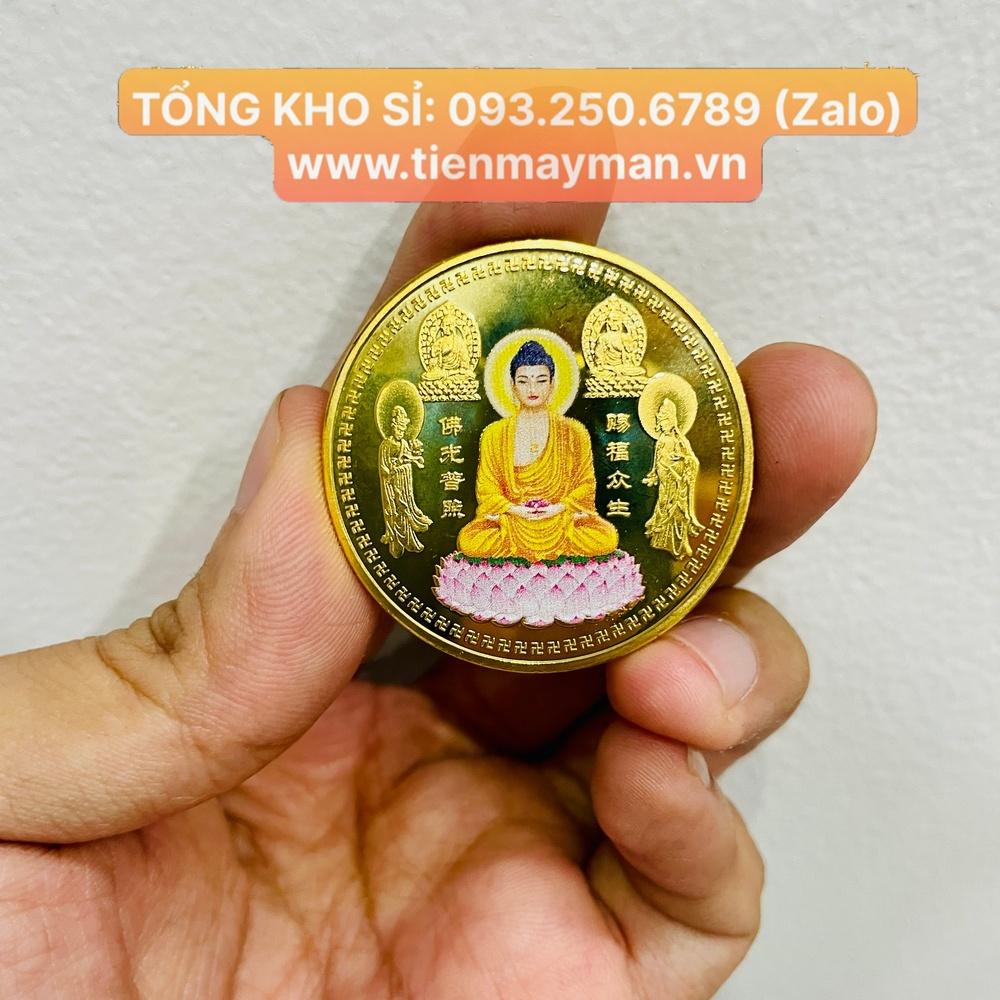 Đồng Xu Hình Phật Tổ A Di Đà Ngồi Đài Sen in màu - Vật phẩm phong thủy Bình An, tặng túi gấm đỏ - PASA COLLECTION
