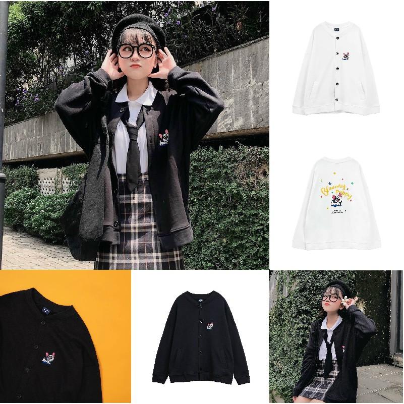 ÁO KHOÁC CARDIGAN NỮ VẢI NỈ BÔNG DÀY MỊN CÚN CON,Áo Khoác Nỉ Cardigan Ulzzang Thêu Cún Cực Xinh Form Rộng-Jins Store
