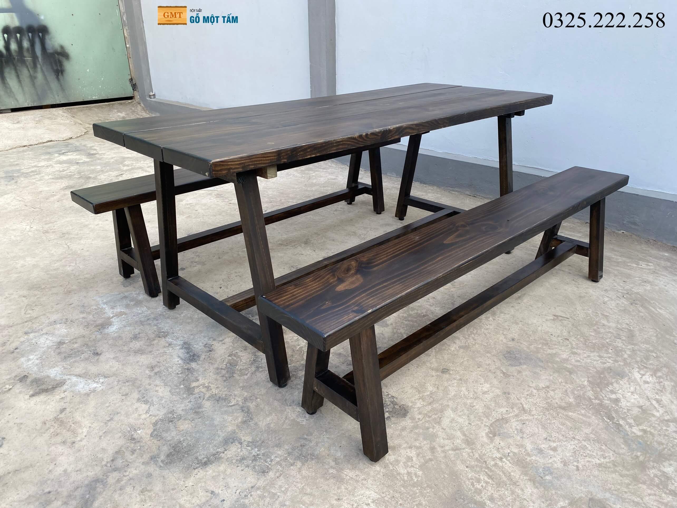 Bàn Ghế Cafe Gỗ Thông, Bàn Ghế Quán Ăn Dài 1,6m Rộng 70cm Dày 4cm