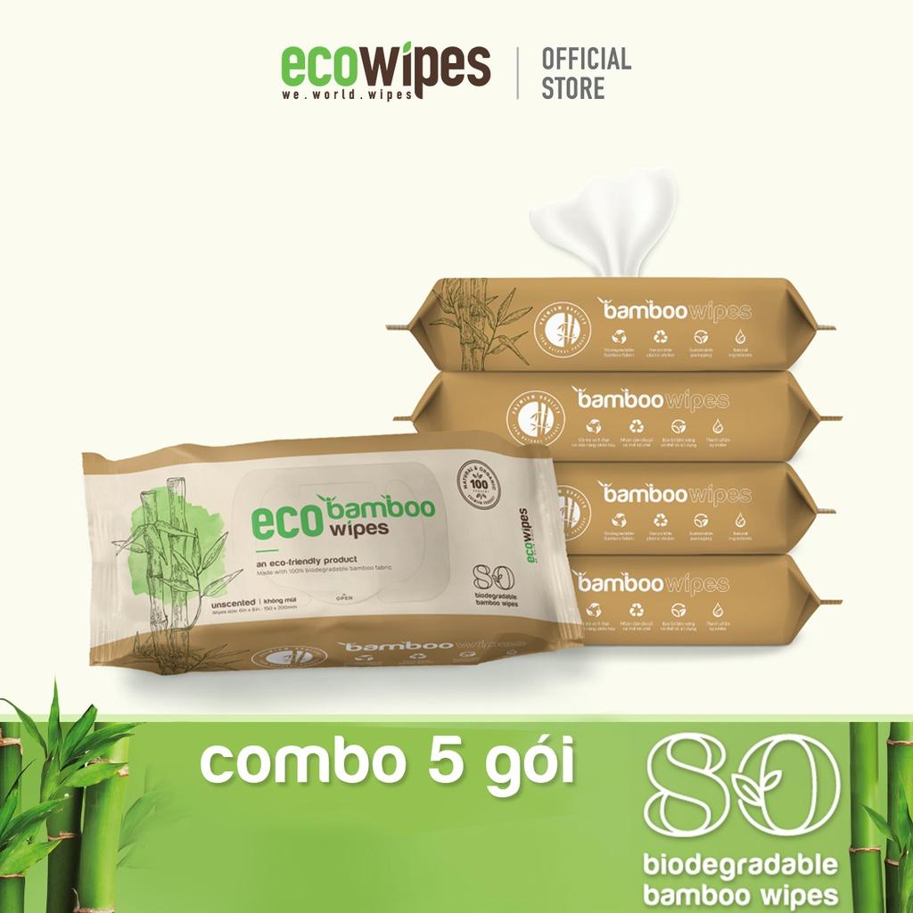 Combo 05 gói khăn giấy ướt cao cấp EcoWipes Bamboo gói 80 tờ vải sợi tre sinh thái không mùi có thể phân hủy