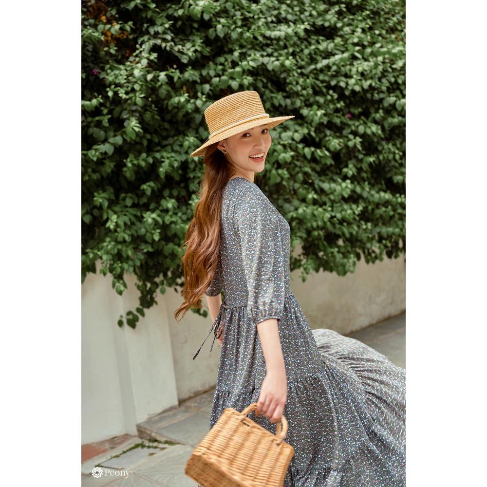 Váy suông, 3 tầng hoa nhí vintage, tay lỡ thoải mái, có dây buộc sau tạo eo, chất liệu lụa cao cấp Peony - STELLA DRESS