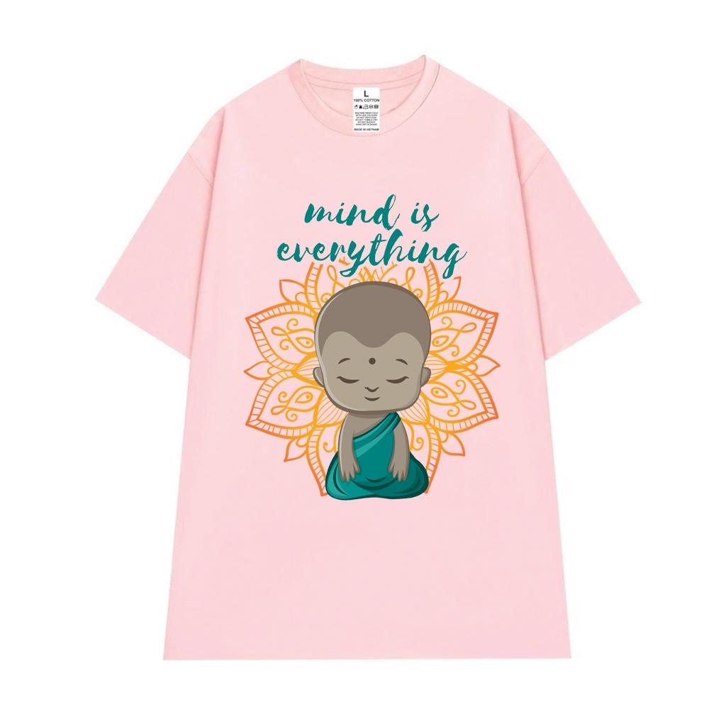 Cao cấp - Áo thun oversize câu chữ Mind Is Every Thing hình Giác Giả ngồi thiền nền hoa Sen BND548