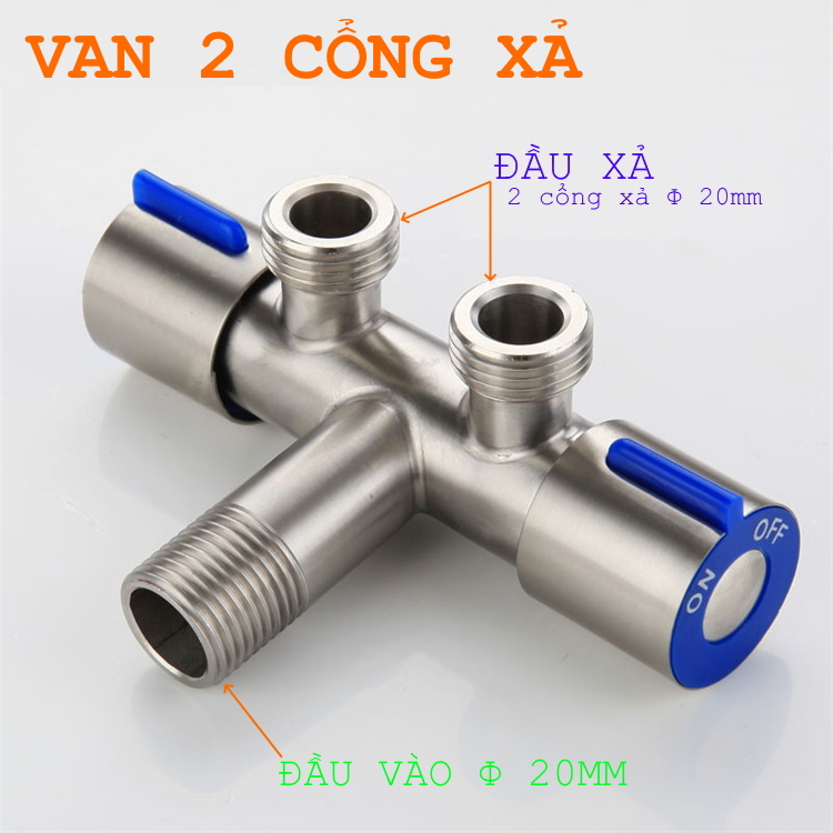 Van Nước 2 cổng xả có điều khiển riêng biệt dạng vòi chia nước. Đường kính van 20mm, Chất liệu bằng Inox