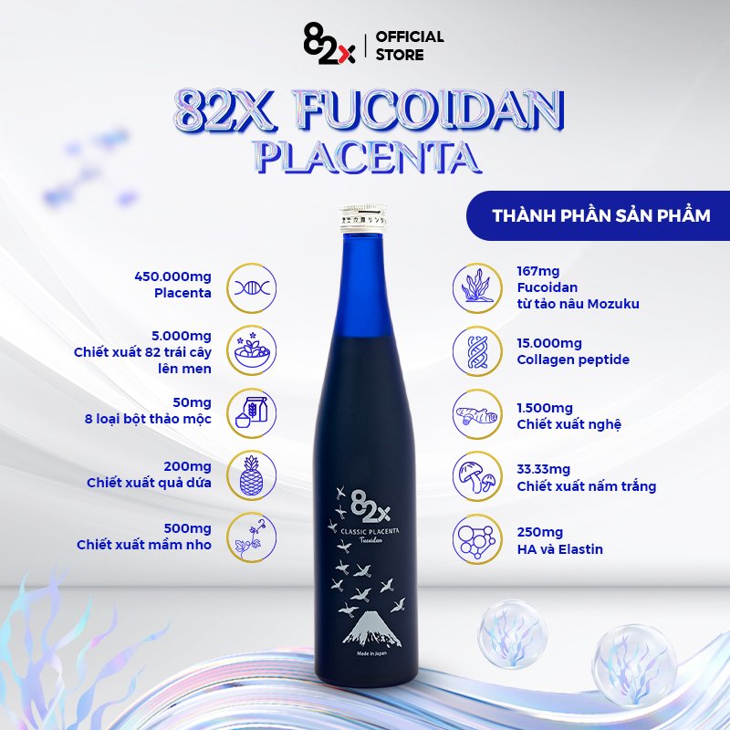 Nước Uống 82X FUCOIDAN PLACENTA Hàm Lượng 450.000mg Placenta Từ Heo Shizuoka Và Fucoidan Từ Tảo Nâu Mozuku