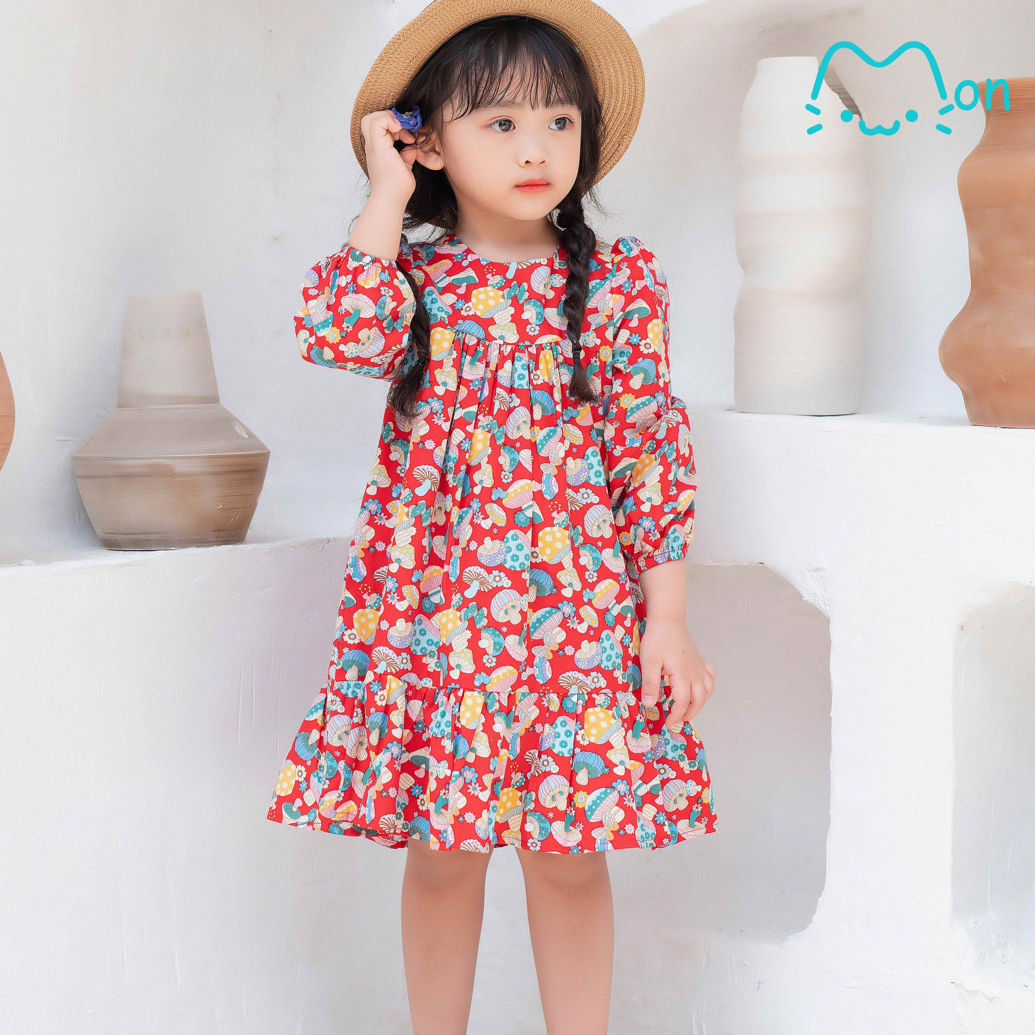 Váy Babydoll Cotton dài tay họa tiết cây nấm xinh xắn cho bé gái VL06, VL07