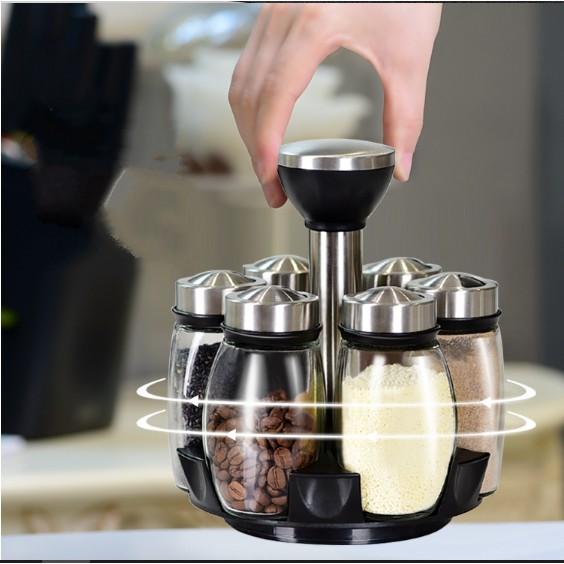 Bộ đựng gia vị 6 món xoay 360 độ thuỷ tinh CNAS Luxyry