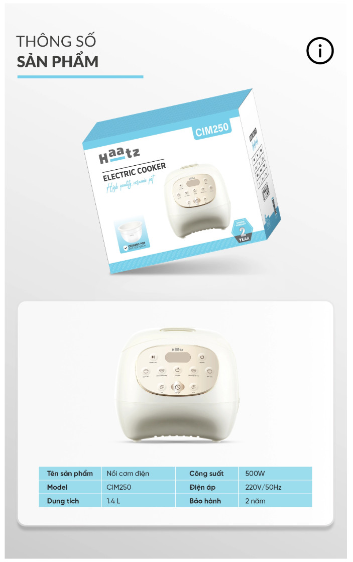 Nồi Cơm Điện Lòng Gốm 1,4L HAATZ CIM250 Công Suất 500W, 6 Chế Độ, Hẹn Giờ, Hàng Chính Hãng