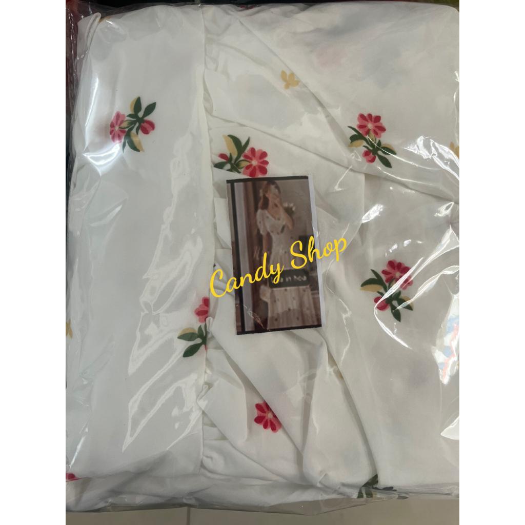 Đầm hoa midi lụa cổ tim tay phồng nhún tầng cột nơ lưng