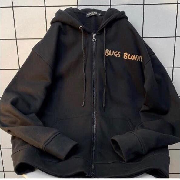Áo khoác nam nữ Thỏ Bunny dài tay có mũ nỉ bông khóa kéo đen trắng unisex form rộng hoodie hàn quốc