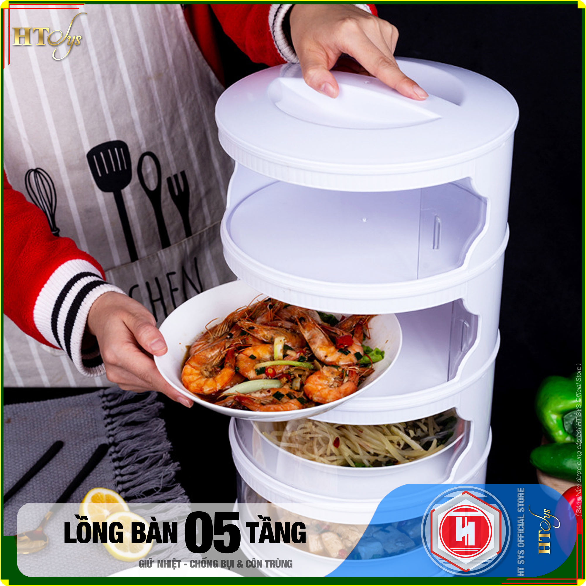 Lồng bàn giữ nhiệt đậy thức ăn 5 tầng HT SYS - Khay hộp đậy thức ăn - Giữ nhiệt - Chống bụi - Chống côn trùng - Chất liệu ABS+PET Cao Cấp - Hàng Nhập Khẩu