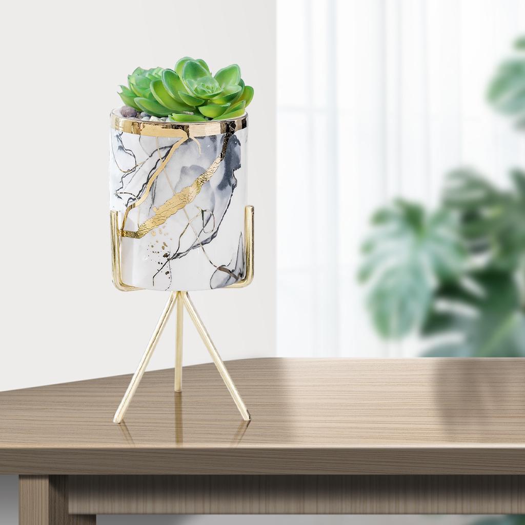 2x Ceramic Succulent Flower Planter Iron Pot Shelf Stand Home Decor