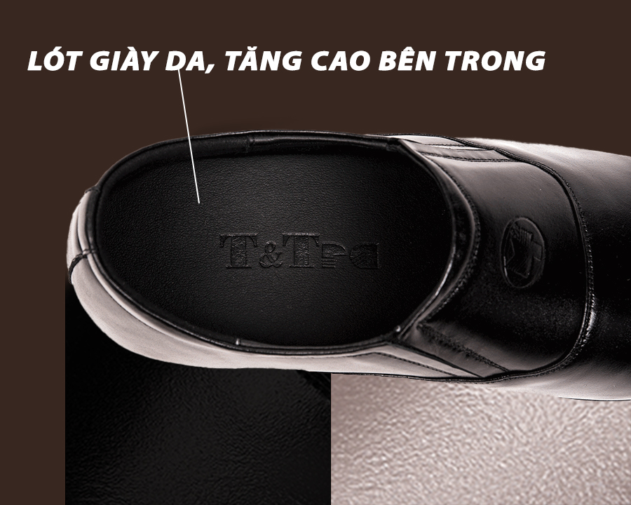 Giày Tăng Chiều Cao Nam T&TRA Tăng Cao 6Cm- S1005 Đen trơn- Chất Liệu Da Bò Cao Cấp, Đế Cao Su Ghép, Phần Tăng Cao Ẩn Bên Trong