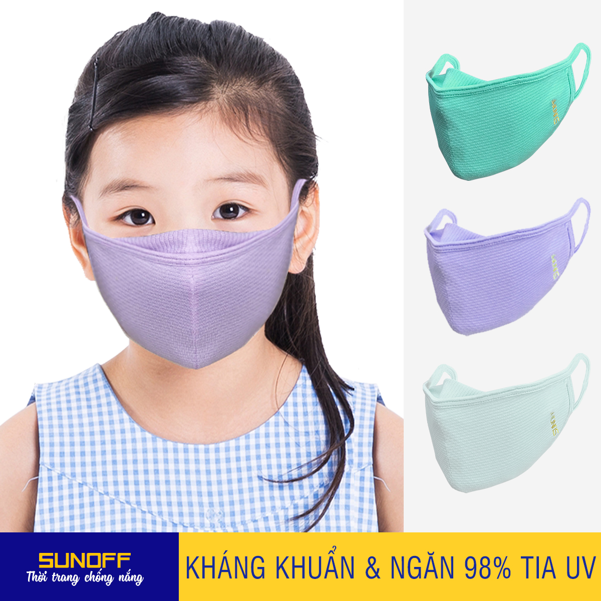 Combo 3 Khẩu trang Bé Gái (2 lớp Vải Kháng khuẩn &amp; Ngăn 98% tia UV Cao cấp 3in1) - SUNOFF Coolsport