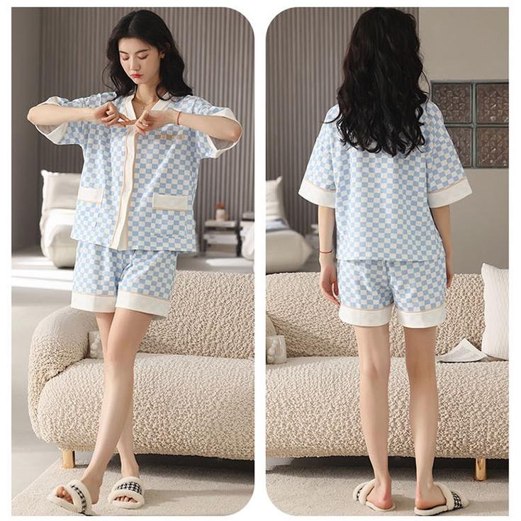 Bộ Pyjama Nữ Cộc Tay Ống Rộng Phối Viền Caro