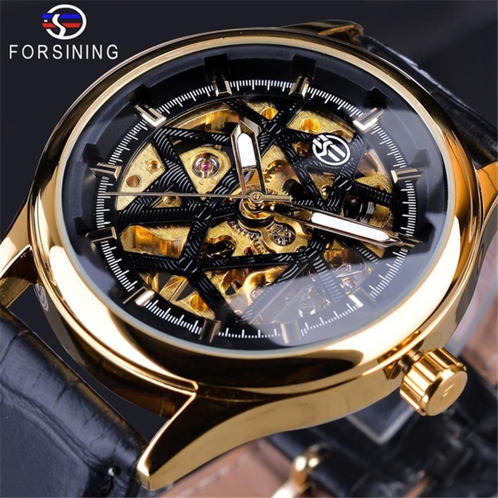 Đồng hồ đeo tay thời trang Forsining Hollow Skeleton Nam,dây đeo tay bằng da PU sang trọng