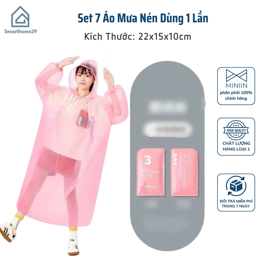 Set 7 Áo Mưa Nén Dùng 1 Lần Cho Bé &amp; Người Lớn – Mỏng Nhẹ, Giao Màu Ngẫu Nhiên - HÀNG CHÍNH HÃNG MINIIN