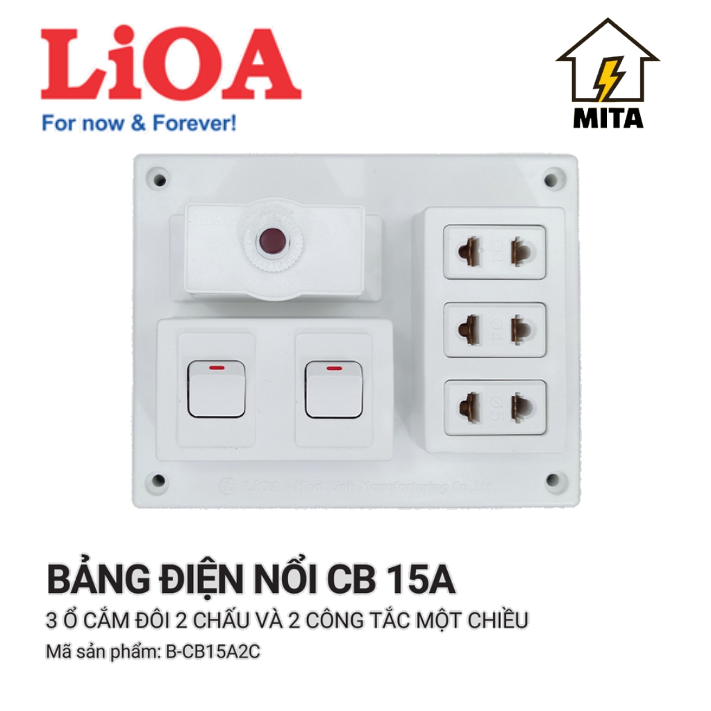 Bảng điện nổi LiOA CB 15A có 3 ổ cắm 2 - 3 công tắc