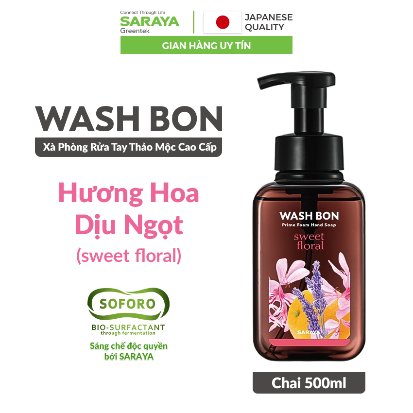 Xà Phòng Rửa Tay Thảo Mộc Tạo Bọt WASH BON Hương Hoa Dịu Ngọt, Làm Sạch Và Dịu Nhẹ Với Da Tay - 500ml