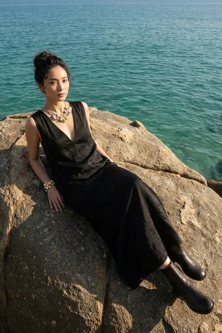 Đầm Maxi Dáng Suông Lụa Đen Hải Thạch Dre202 thời trang thiết kế Hity