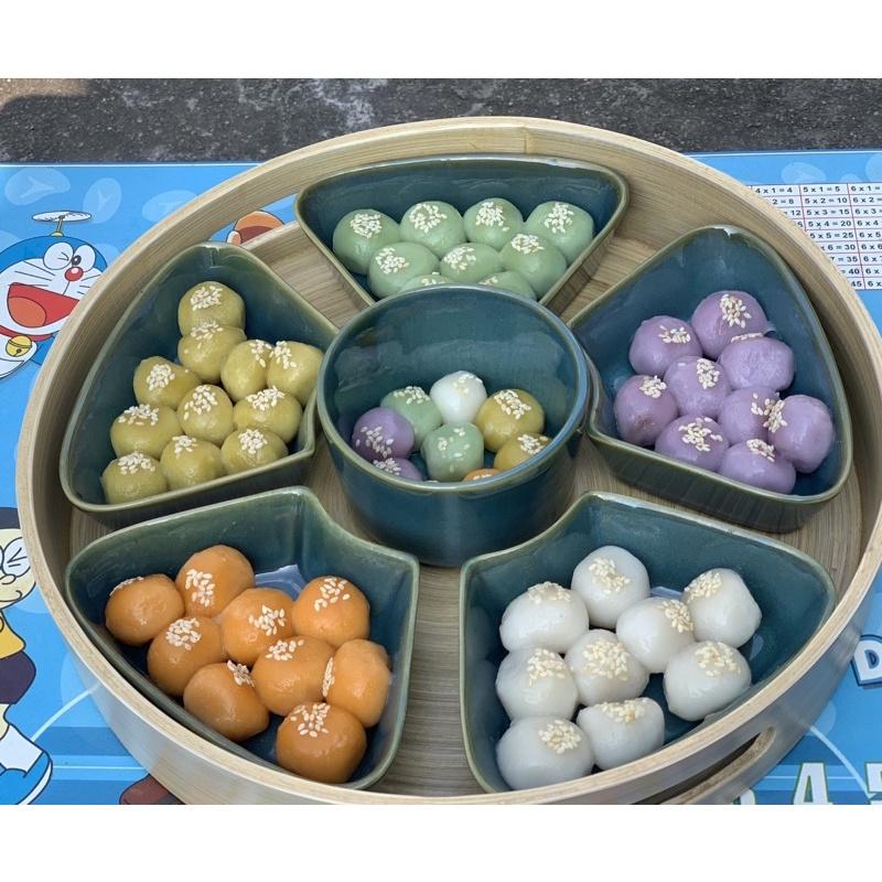 Bộ khay mứt mứt hoa đào kèm khay gỗ, men hỏa biến. Gốm sứ Bát Tràng.