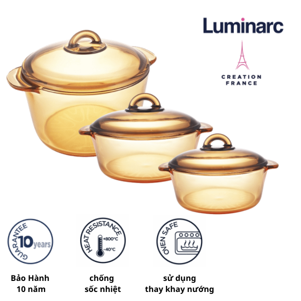 Bộ 3 nồi thuỷ tinh Luminarc Amberline Granite 1.5 Lít/ 2 Lít / 3 Lít (Bảo Hành 10 Năm)- LUGR1523