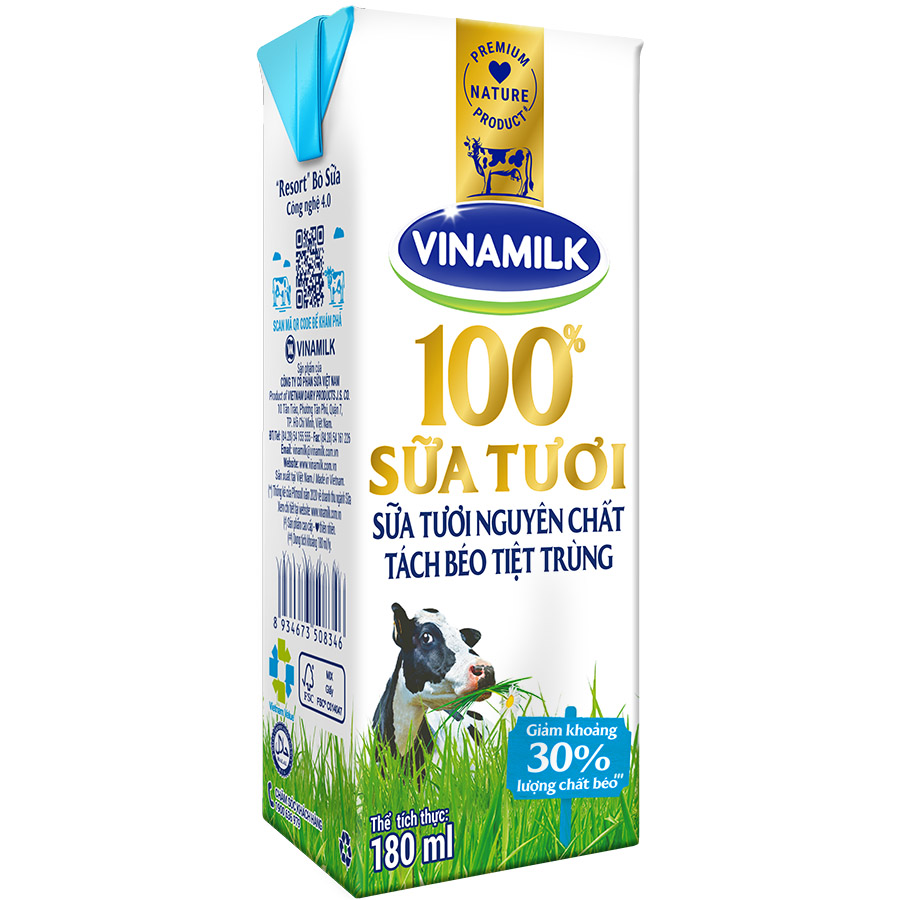 Thùng 48 HỘP SỮA TƯƠI TIỆT TRÙNG VINAMILK 100% TÁCH BÉO KHÔNG ĐƯỜNG 180ML