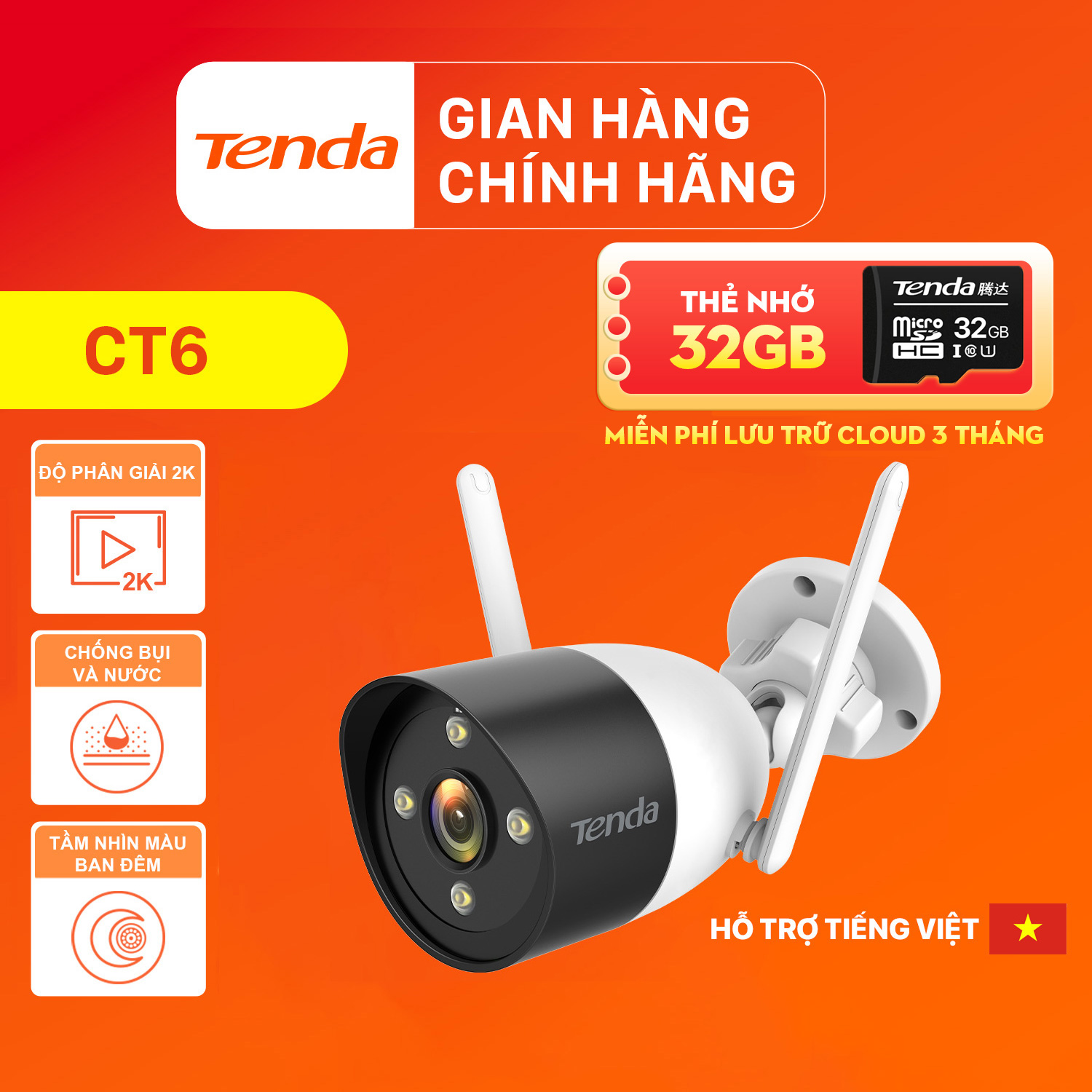 Camera Wifi Ngoài Trời Tenda CT6 Độ Phân Giải 2K Kèm thẻ Nhớ 32GB- Hàng Chính Hãng