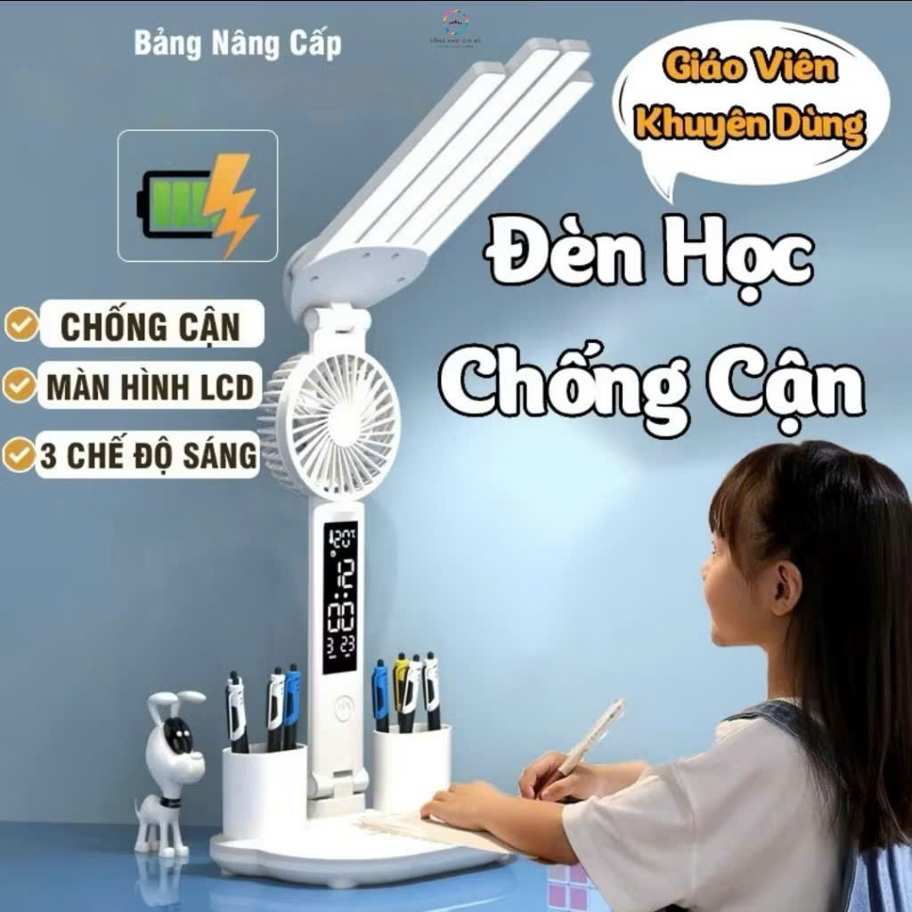 Đèn Để Học 4 Cánh LED Pin Trâu 10.000mjAh – Chống Cận Bảo Vệ Mắt, Có Quạjt Mát &amp; Đồng Hồ Độc Đáo Loại Xịn