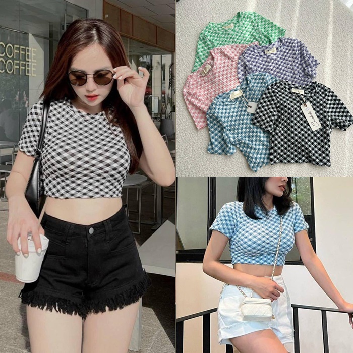 ÁO CROPTOP THUN CARO ÔM BODY CHECKER BOARD TAY NGẮN CƠ BẢN ĐI BIỂN DẠO PHỐ ĐI CHƠI